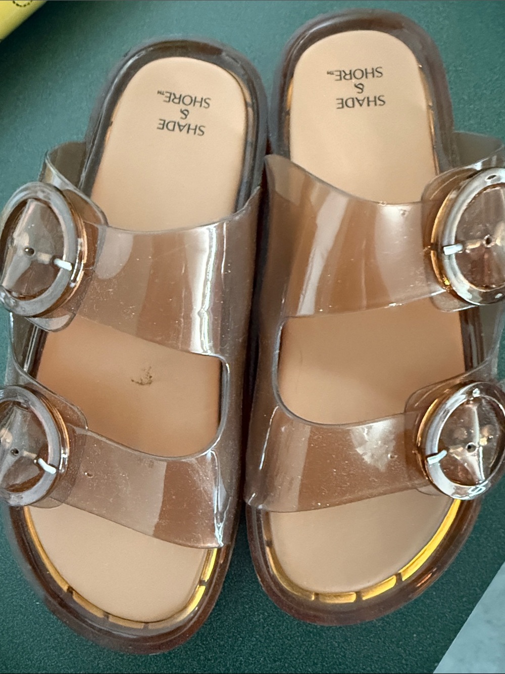 Shade & Shore Women's Brown Clear Buckle Slide Sandals sz 7
